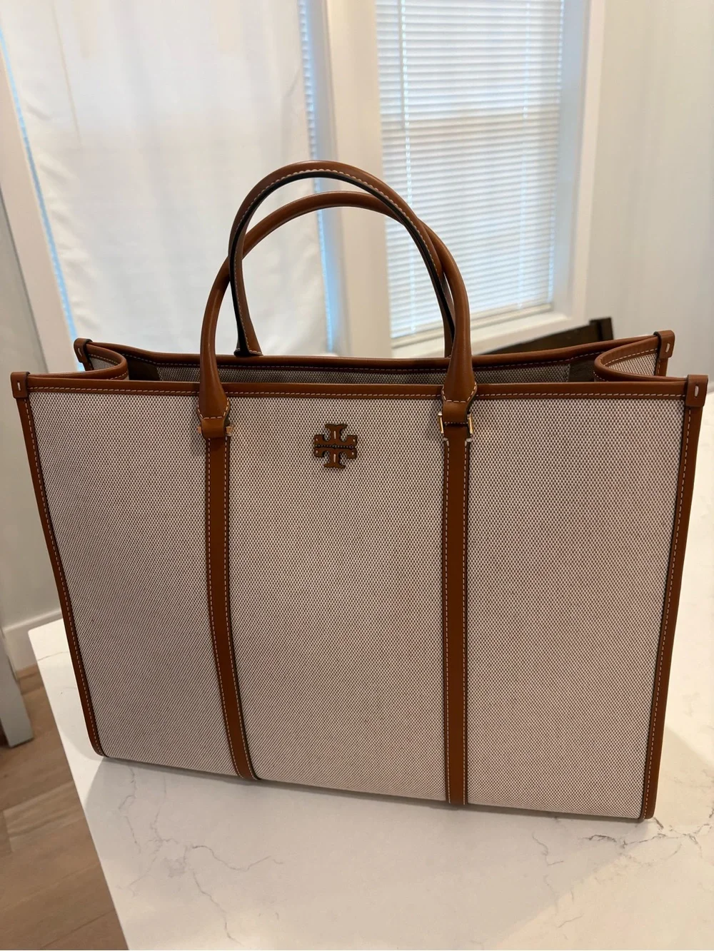 Tory Burch Beige Canvas Tote with Brown Leather Trim